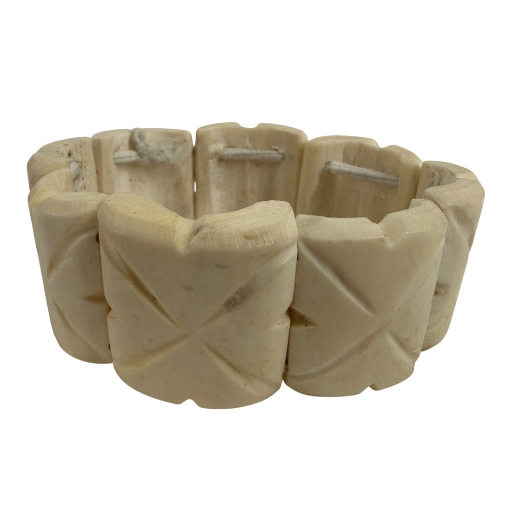 Vintage Hand Carved Bone Panel Stretch Bracelet Geometric Tribal Boho Jewelry
